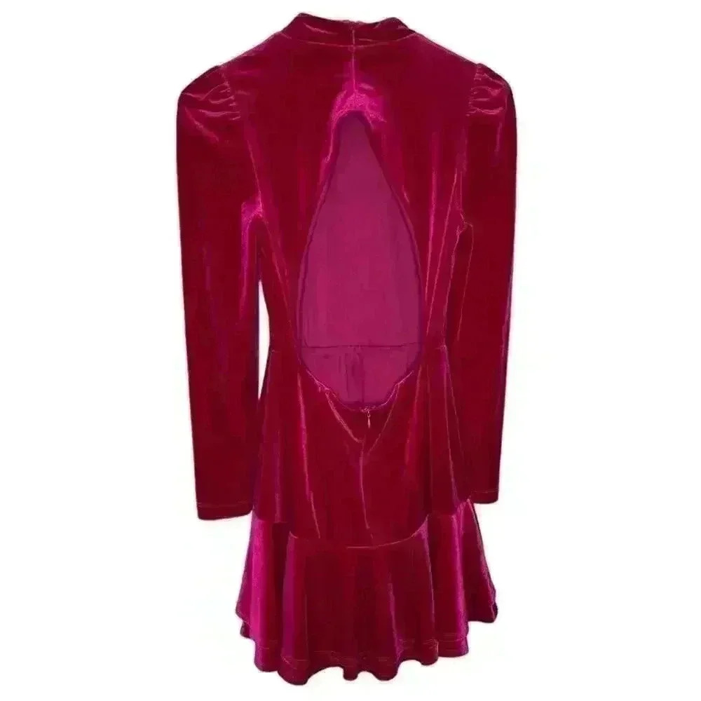 Yumi Kim Shannon Pink Fuschia Velvet Long Sleeve Mini Dress Size Medium - Picture 4 of 12